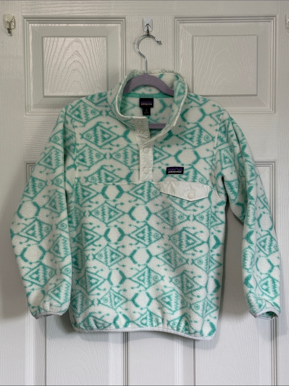 Patagonia Synchilla Kids White & Teal Patterned Snap-T Fleece
